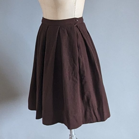 Vintage Brown Wool Pleated School Girl Full Circle A-Line Skirt Size XXS XS - Picture 3 of 4
